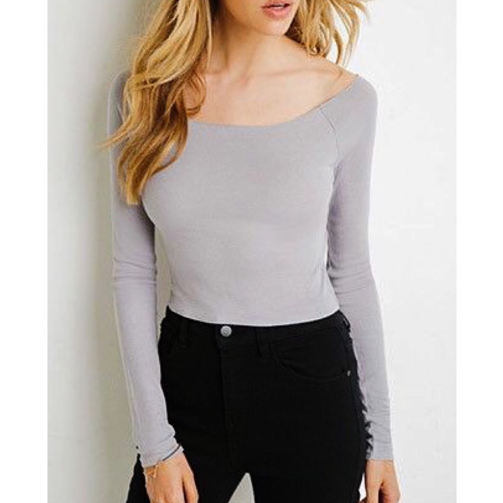 🌹90s Grunge Gray Ribbed Long Sleeve Crop Top
